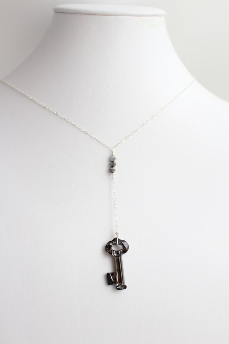 Swarovski Skeleton Key Necklace, Birthday Gift for Girlfriend, Best Friend Gift, Charcoal Pendant Necklace, Crystal Y Necklace Gray Necklace image 3