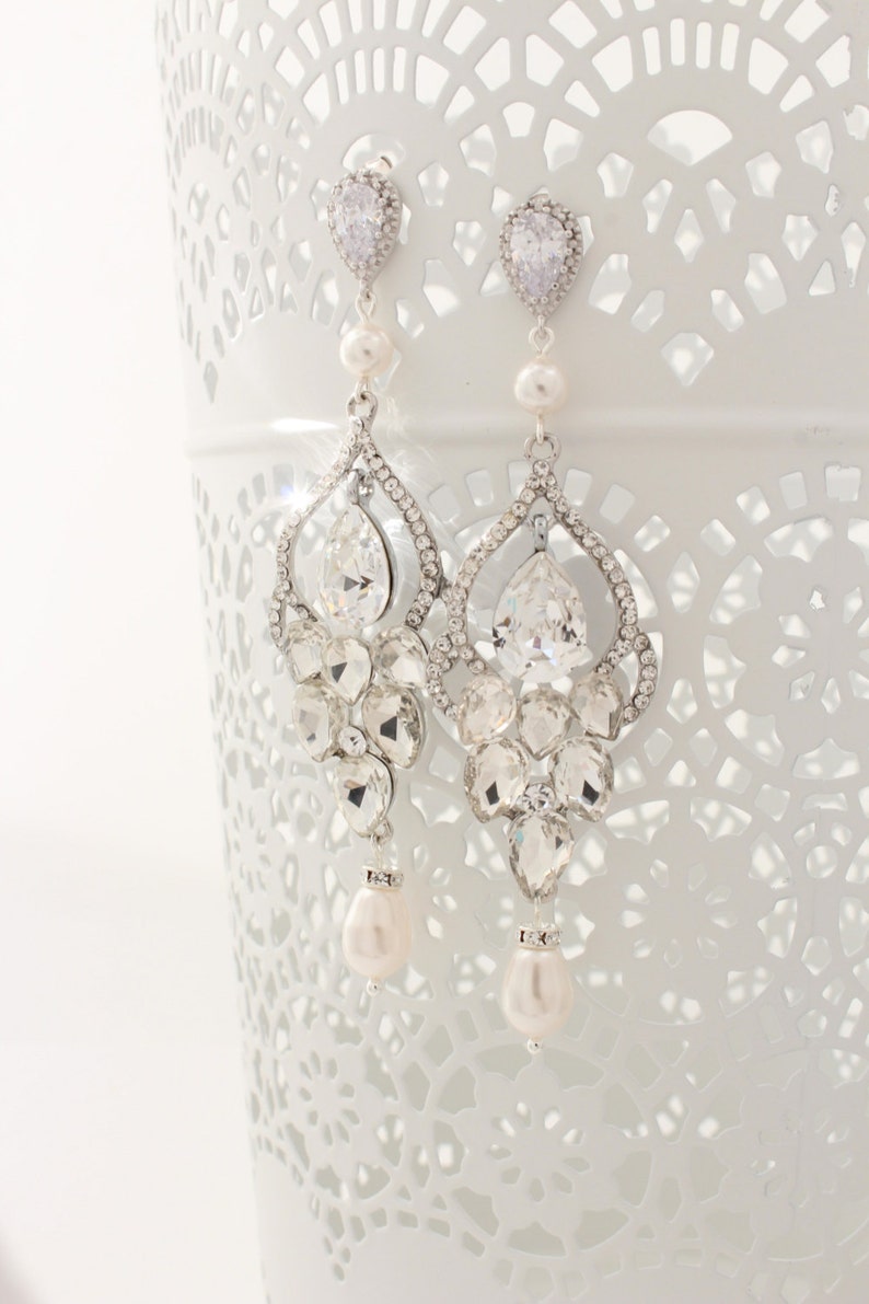 Long Bridal Chandelier Earrings Chandelier Wedding Earrings Crystal and Pearl Earrings Vintage Style Jewelry Crystal Statement Gold Earrings image 1