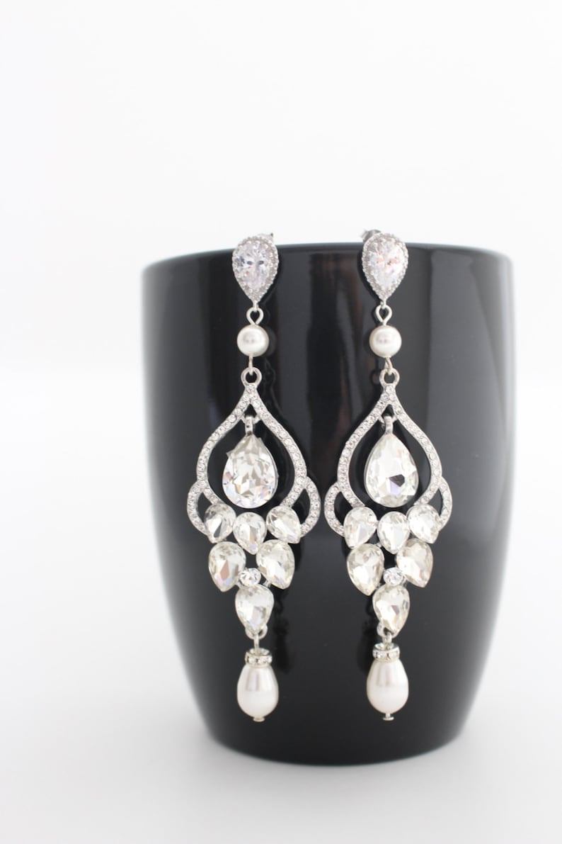 Long Bridal Chandelier Earrings Chandelier Wedding Earrings Crystal and Pearl Earrings Vintage Style Jewelry Crystal Statement Gold Earrings image 6