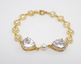 Gold Bridal Bracelet, Cubic Zirconia Bracelet, Gold Wedding Jewelry, Gold Bridal Jewelry, Gold Rhinestone Bracelet, Luxury Wedding Bracelet
