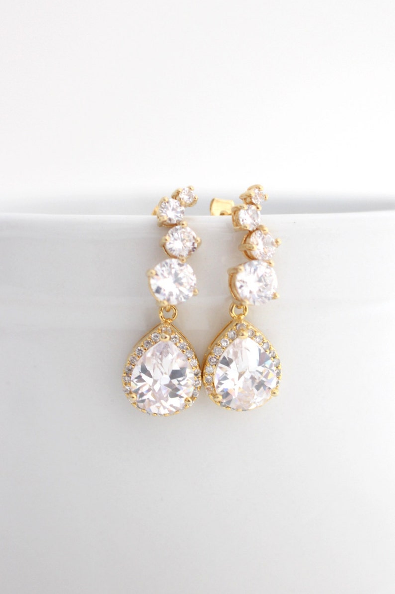 Clear Cubic Zirconia Earrings Gold Bridal Earrings Gold Luxury Wedding Earrings Teardrop Wedding Earrings Wedding Jewelry for Brides