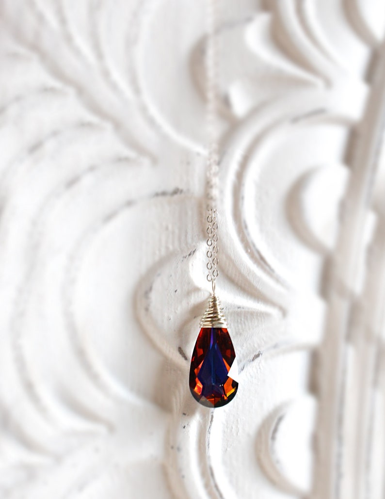 Red and Blue Bridesmaid Necklace, Volcano Swarovski Teardrop Necklace, Handmade Wire Wrapped Jewelry Bridesmaid Gift Sterling Silver Gold image 5