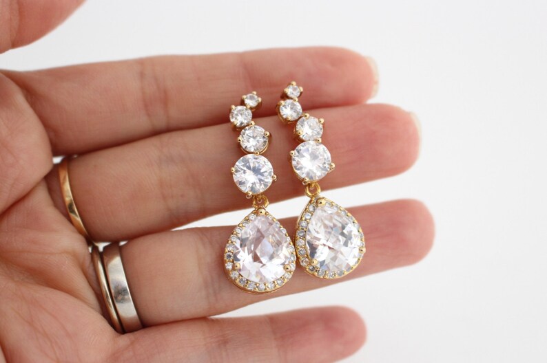 Clear Cubic Zirconia Earrings Gold Bridal Earrings Gold Luxury Wedding Earrings Teardrop Wedding Earrings Wedding Jewelry for Brides