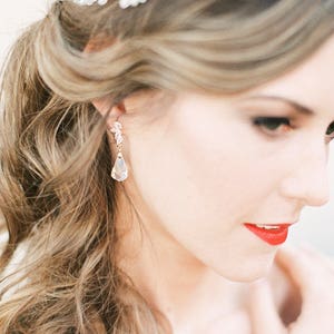 Bridal Dangle Earrings, Clear Swarovski Crystal Teardrop Wedding Earrings in Gold Silver, Small Drop with Flower Post, Bridesmaid Jewelry image 2