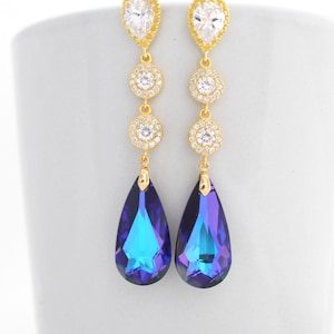 Long Luxury Gold Ultra Violet Bridal Earrings Purple Wedding Teardrop Earrings Heliotrope Swarovski Drop Wedding Earrings Purple Crystal