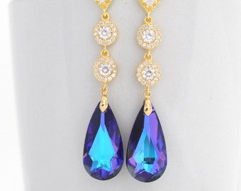 Long Luxury Gold Ultra Violet Bridal Earrings Purple Wedding Teardrop Earrings Heliotrope Swarovski Drop Wedding Earrings Purple Crystal