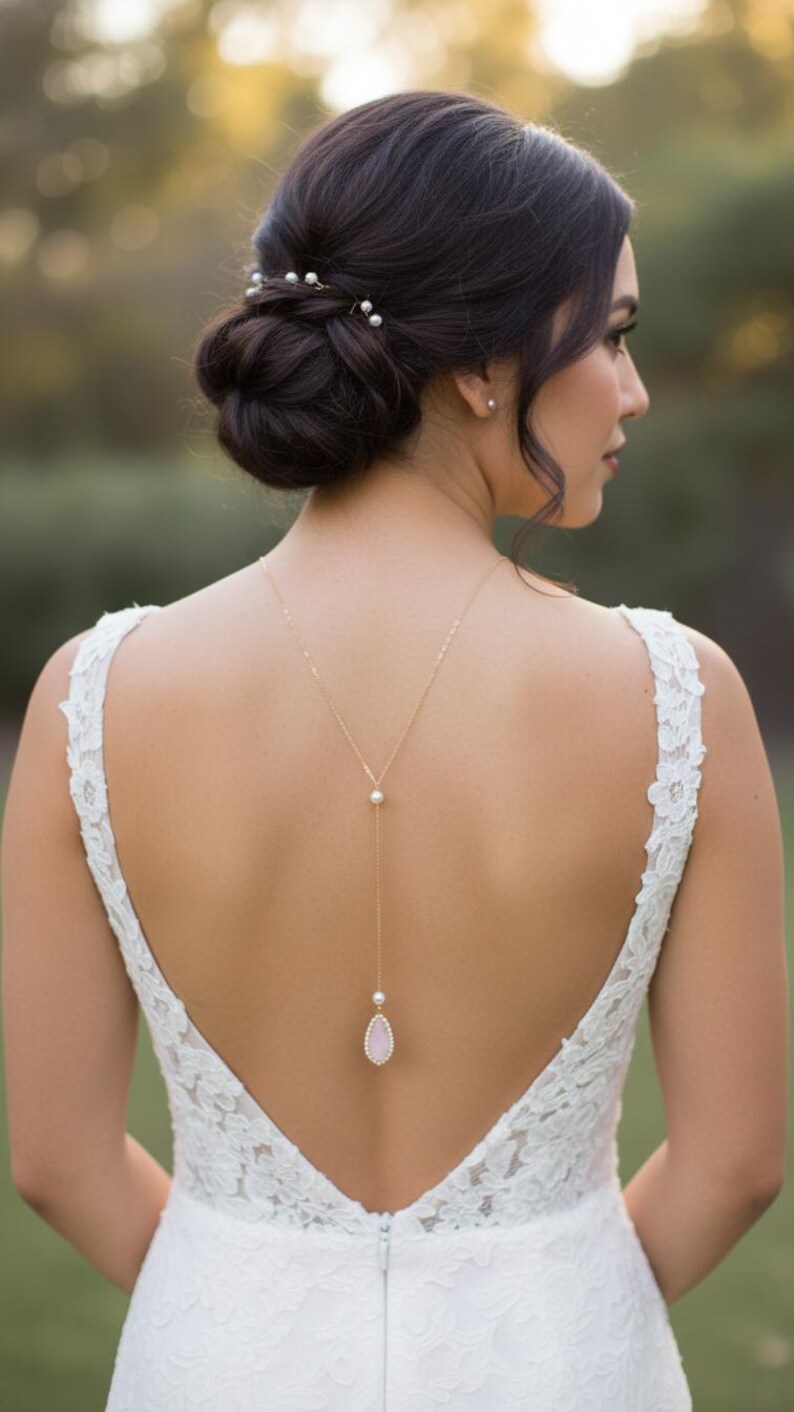 May include: A gold-toned back necklace with a pearl and a pink teardrop pendant. The necklace is worn over a white lace wedding dress. The bride's hair is styled in a low bun with pearl hairpins.