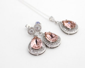 Blush Bridal Jewelry, Art Deco Wedding Earring, Rose Quartz Earrings Swarovski, Wedding Teardrop Earring, Bridal Set of Earring and Necklace