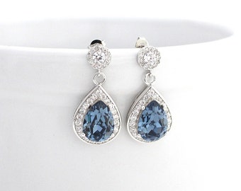 Denim Blue Dangle Wedding Earrings, Blue Statement Wedding Earrings, Blue Wedding Teardrop Earrings, Cubic Zirconia Earrings, Dangle Crystal