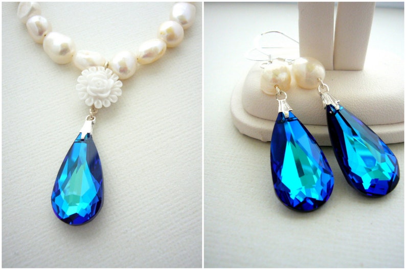 Peacock Wedding Jewelry, Bermuda Blue Bridal Earrings and Necklace Set, Statement Wedding Earring, Freshwater Pearl Necklace and Earring Set image 1