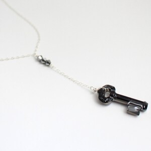 Swarovski Skeleton Key Necklace, Birthday Gift for Girlfriend, Best Friend Gift, Charcoal Pendant Necklace, Crystal Y Necklace Gray Necklace image 5