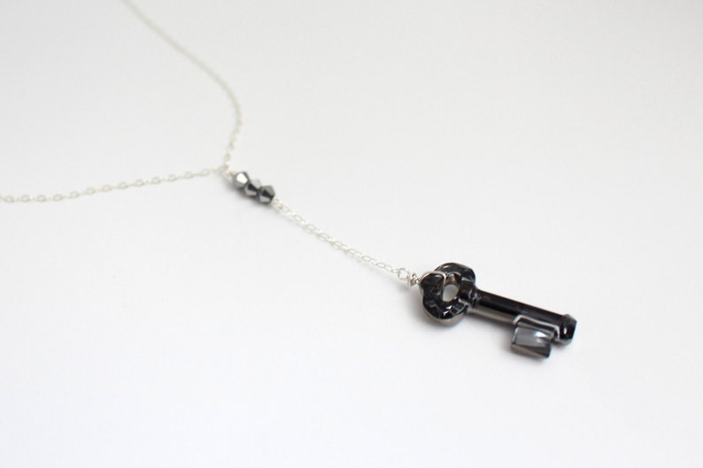 Swarovski Skeleton Key Necklace, Birthday Gift for Girlfriend, Best Friend Gift, Charcoal Pendant Necklace, Crystal Y Necklace Gray Necklace image 5