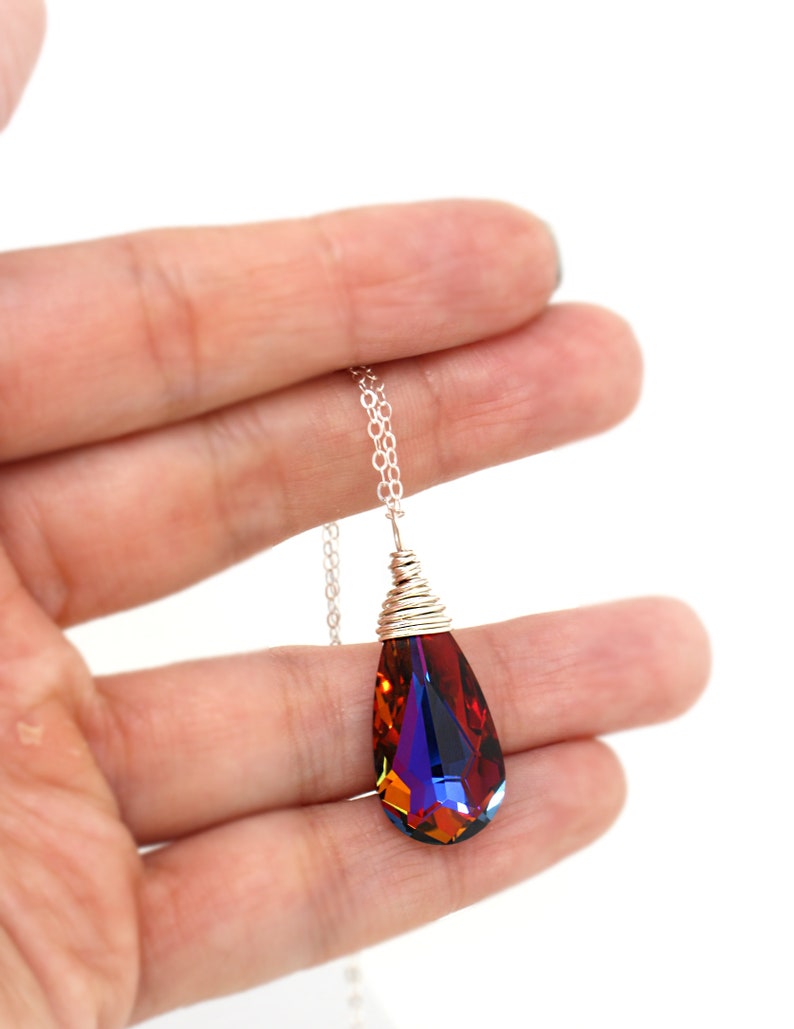 Red and Blue Bridesmaid Necklace, Volcano Swarovski Teardrop Necklace, Handmade Wire Wrapped Jewelry Bridesmaid Gift Sterling Silver Gold image 2