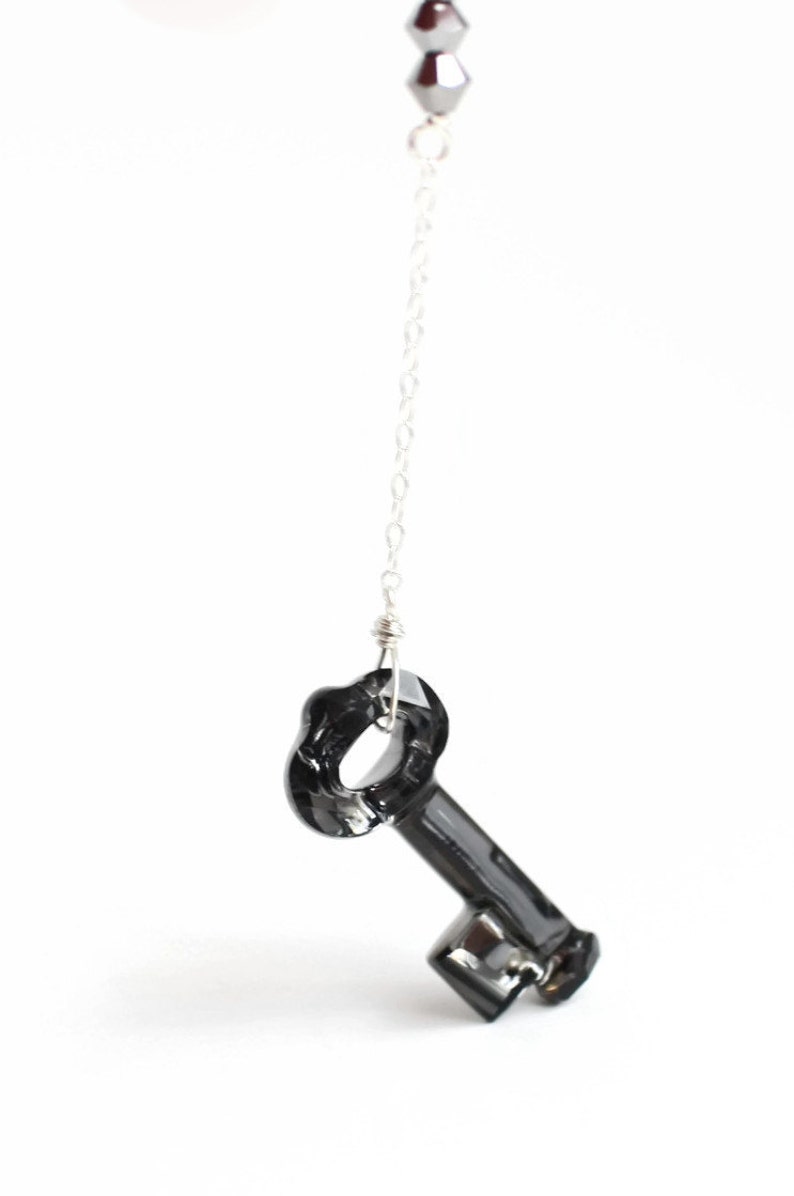 Swarovski Skeleton Key Necklace, Birthday Gift for Girlfriend, Best Friend Gift, Charcoal Pendant Necklace, Crystal Y Necklace Gray Necklace image 1
