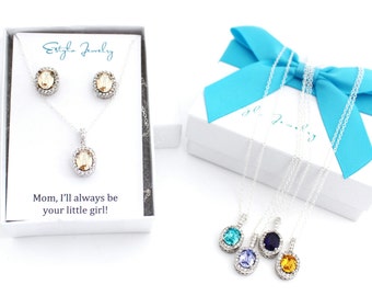 Mother of the Bride Gift, Earrings and Necklace Set from Bride, Champagne Swarovski Crystal, Small Ear Stud, Always be your little Girl Mom