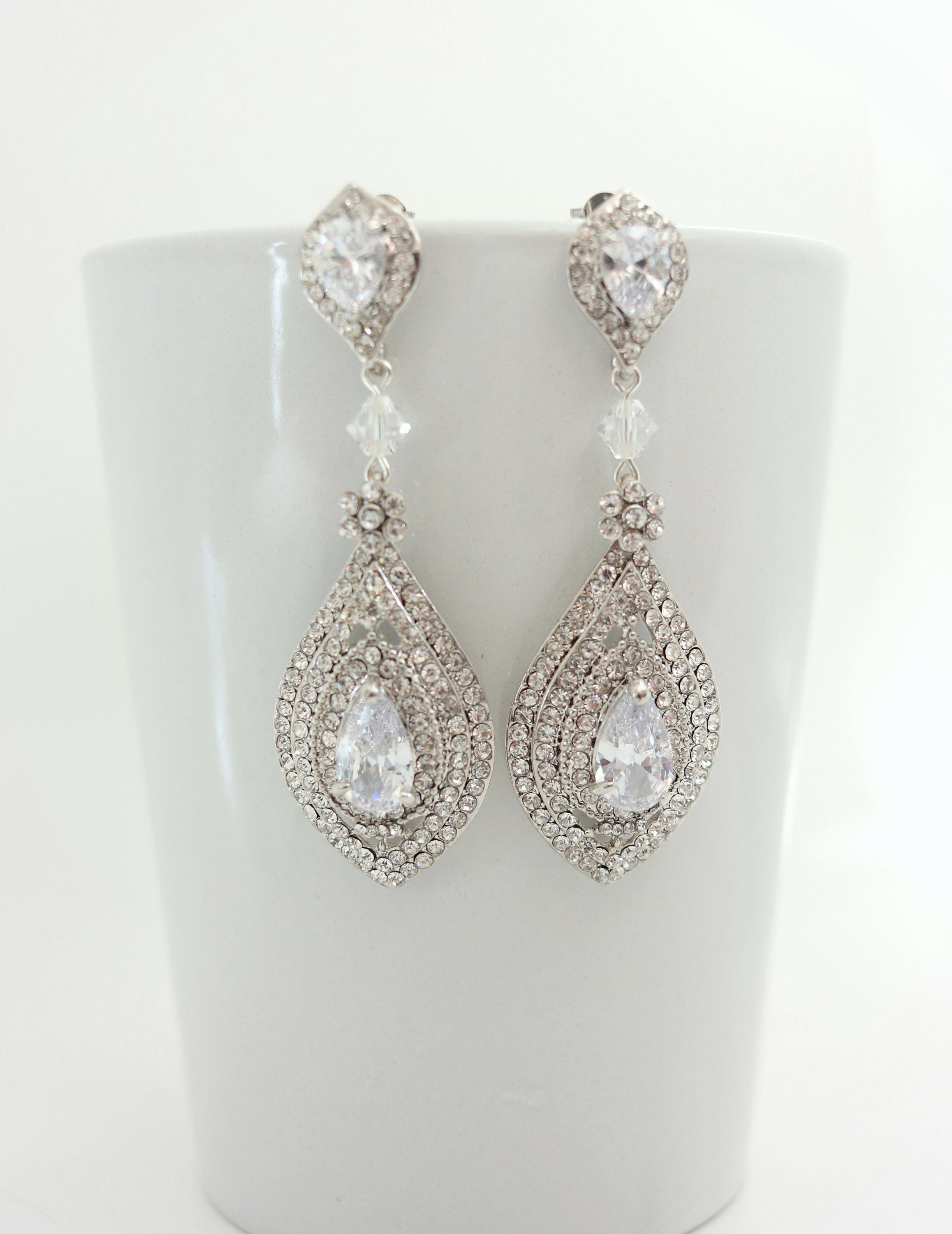Crystal Wedding Chandelier Earrings, Long Art Deco Bridal Earring, Old