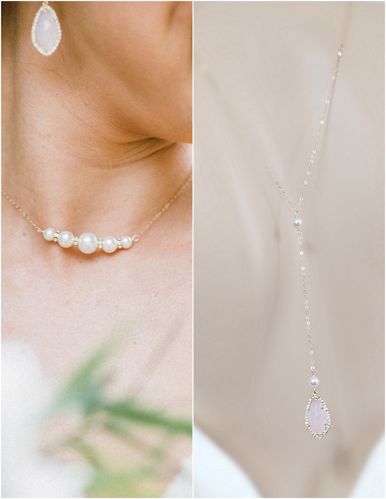 May include: A gold necklace with a row of pearls and a matching gold chain necklace with a pink teardrop pendant. The jewelry is delicate and elegant, perfect for a special occasion.