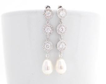 Long Pearl Bridal Earrings, Swarovski Bridal Earrings, Cubic Zirconia Earring, Pearl Bridal Jewelry, Teardrop Pearl Sterling Silver Earring