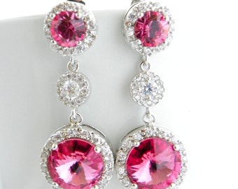 Hot Pink Bridal Jewelry, Rose Swarovski Wedding Earring, Fuchsia Bridal Drop Earring, Crystal Bridal Earring, Statement Wedding, Art Deco