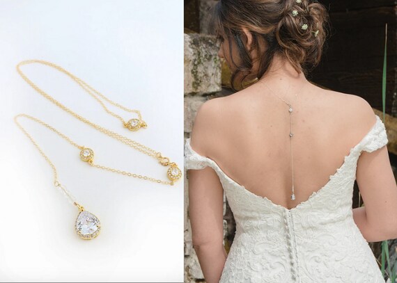 Long Back Drop Necklace with Cubic Zirconia and Crystals Sterling Silver Long Back Drop Necklace with Cubic Zirconia and Crystals Sterling Silver