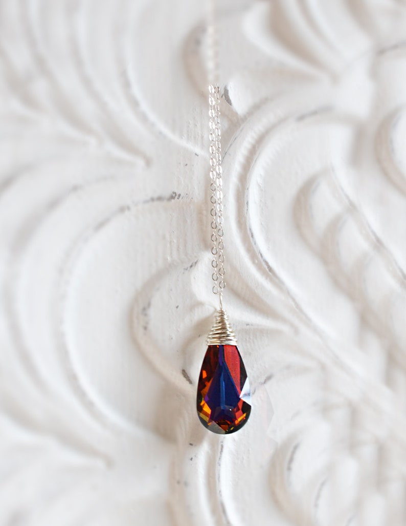 Red and Blue Bridesmaid Necklace, Volcano Swarovski Teardrop Necklace, Handmade Wire Wrapped Jewelry Bridesmaid Gift Sterling Silver Gold image 3