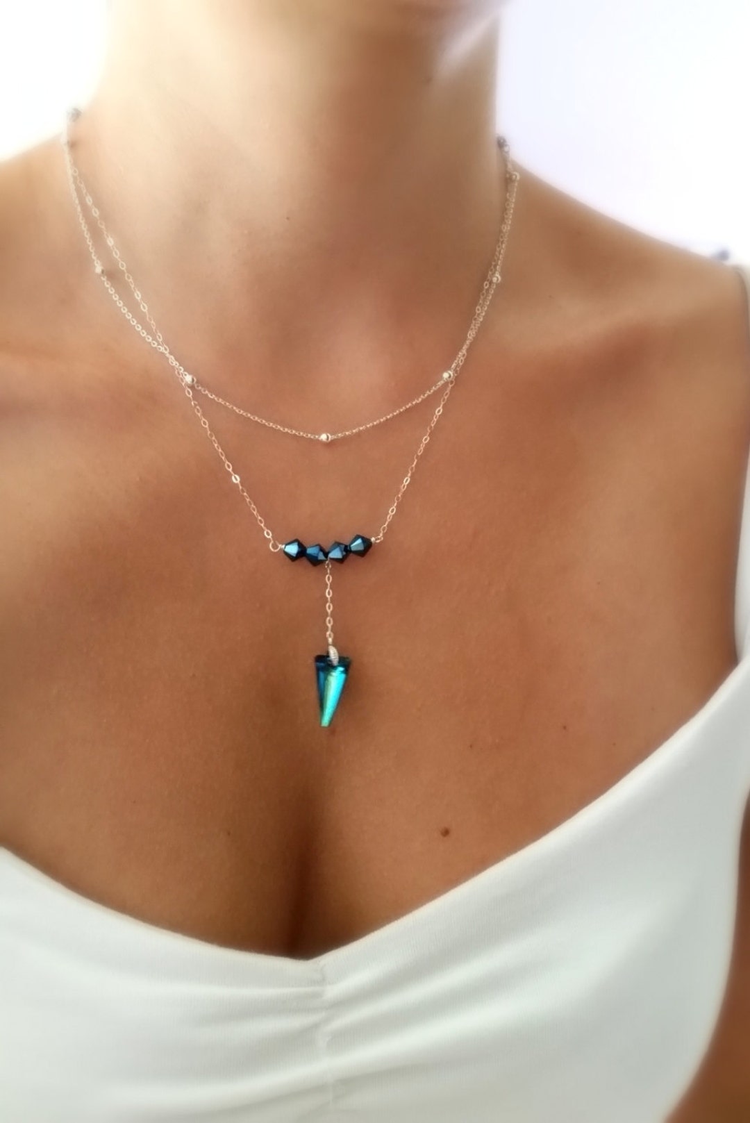 Double Layer Blue Neutral Color Tone Beaded Necklace with Neutral Color Rectangle Pendant