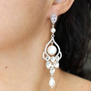 Bridal Pearl Chandelier Earrings Silver or Gold, Long Wedding Earrings for Bride, Large Dangle Statement Earings, Quality Pearl Earrings