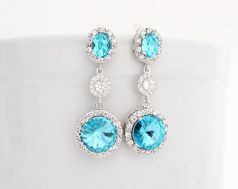 Light Turquoise Swarovski Crystal Earrings, Sky Blue Bridal Dangle Earring, Bridal Statement Earring, Cubic Zirconia Earring Wedding Jewelry