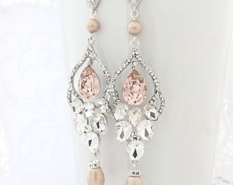 Blush Wedding Jewelry Earrings, Wedding Chandelier Earrings, Pearl Bridal Earrings Rose, Long Wedding Earrings with Pearls and Crystals,