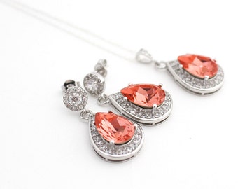 Coral Earrings and Necklace Set Coral Wedding Jewelry Swarovski Teardrop Crystal  Sterling Silver Wedding Jewelry Coral Crystal Jewelry Set