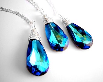Navy Blue Necklace, Blue Bridesmaid Necklace, Bermuda Blue Austrian Crystal Pendant, Wedding Teardrop, Wire Wrapped