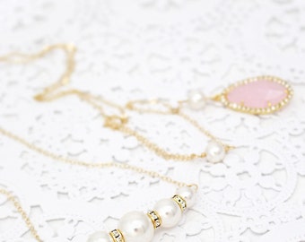 Dainty Pearl Bridal Backdrop Necklace, Blush and Gold or Sterling Silver, Delicate Wedding Back Drop Necklace, Long Back Necklace Pink