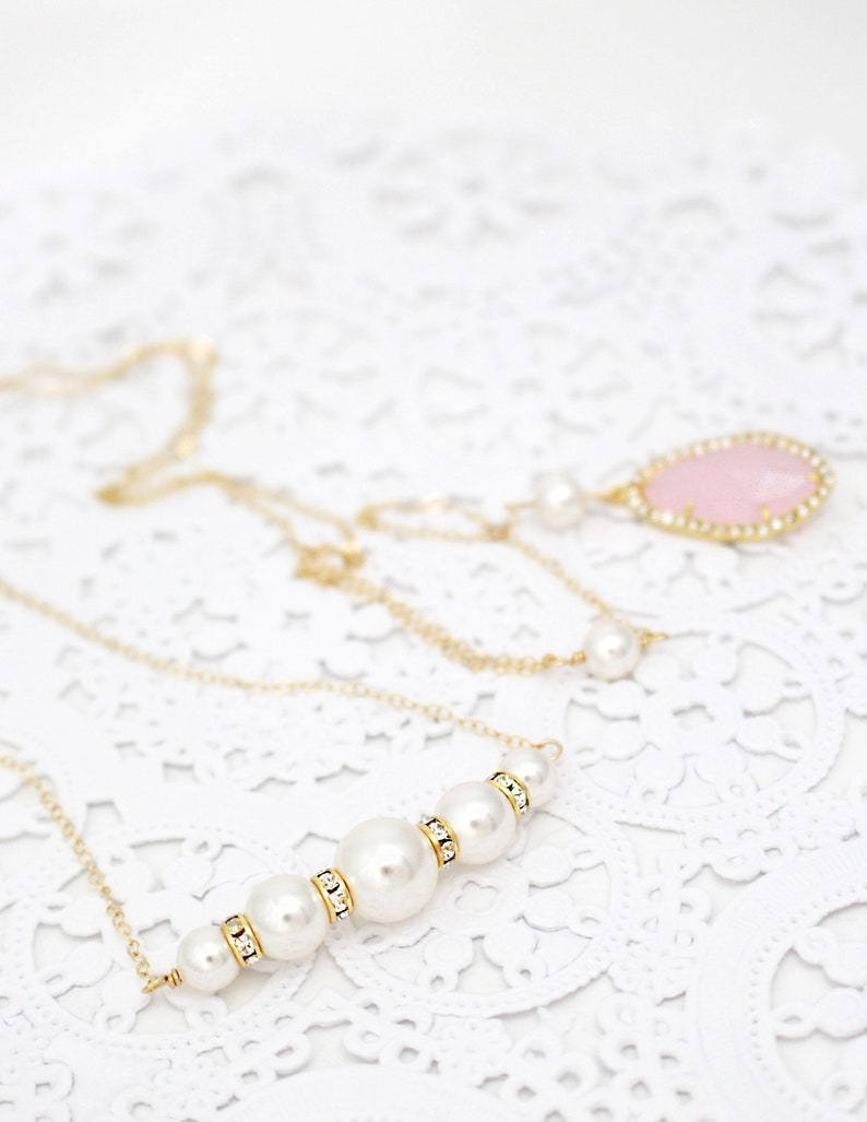 Dainty Pearl Bridal Backdrop Necklace Blush and Gold or Sterling Silver Long Back Necklace Pink Delicate Wedding Back Drop Necklace