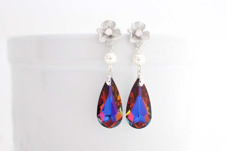 Deep Red and Blue Earrings, Marsala and Blue Wedding Jewelry, Volcano Swarovski Earrings, Long Bridal Pearl and Crystal Earrings, Winter image 2