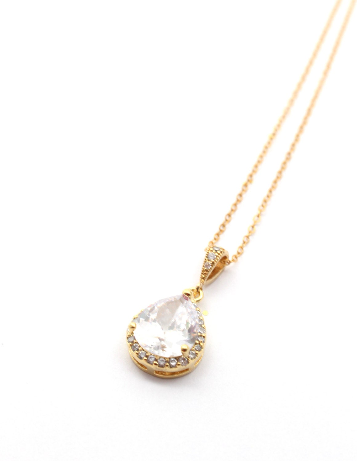 Gold Cubic Zirconia Necklace Wedding Teardrop Necklace Gold Etsy