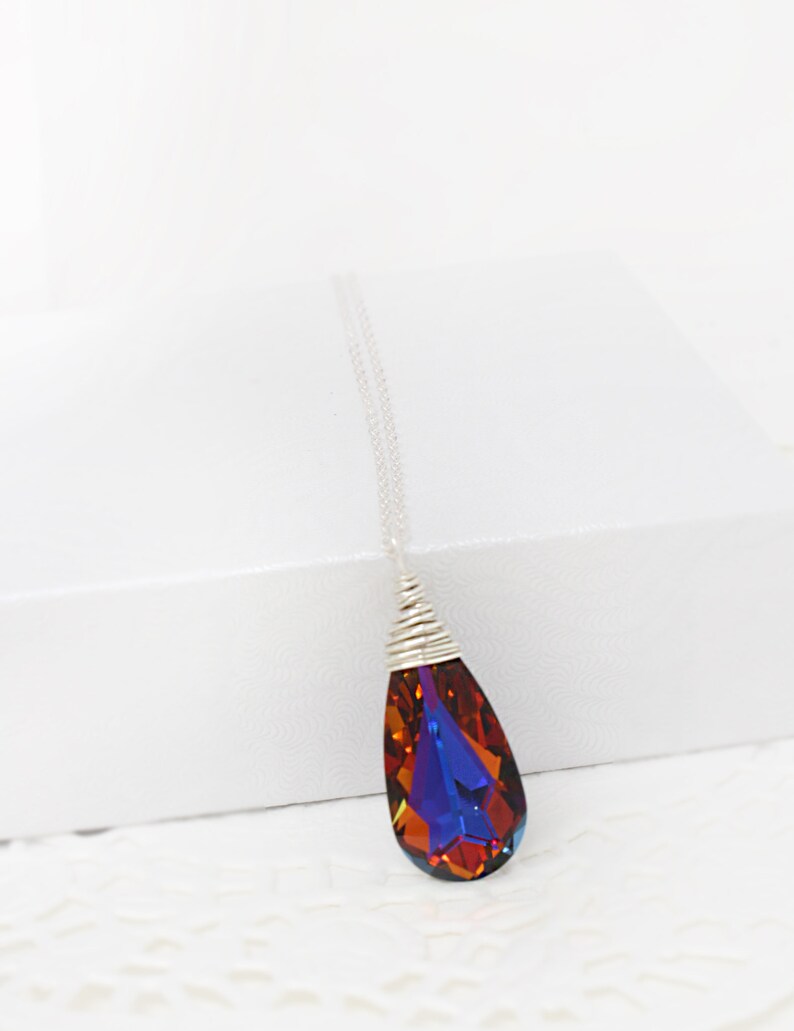 Red and Blue Bridesmaid Necklace, Volcano Swarovski Teardrop Necklace, Handmade Wire Wrapped Jewelry Bridesmaid Gift Sterling Silver Gold image 6