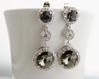 Gray Swarovski Earrings Black and White Long Bridal Post Round Crystal Earrings for Bridesmaid CZ Jewelry Grey Jewlry for Bride Prom Estylo