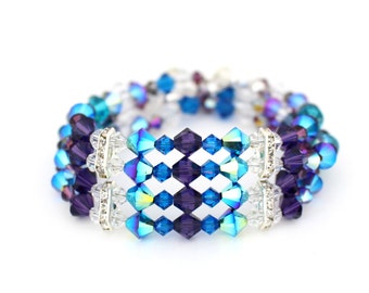 Peacock Wedding Jewelry, Multistrand Bracelet, Cuff Bracelet, Bridal Crystal Bracelet, Purple and Turquoise Bracelet, Statement Bracelet