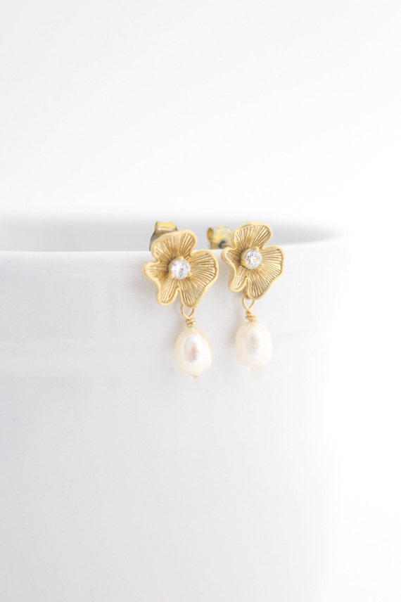 Gold Bridal Drop Earrings Small Wedding Earrings for Bride | Etsy