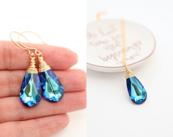 Dark Blue Teardrop Earrings and Necklace SET, Gold Filled or Sterling Silver Drop Earring for Bridesmaid Gift, Wire Wrapped Bridal Set