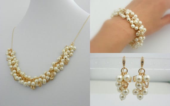 Ivory Pearl Bracelet Pearl Cluster Bracelet Gold Pearl Bracelet
