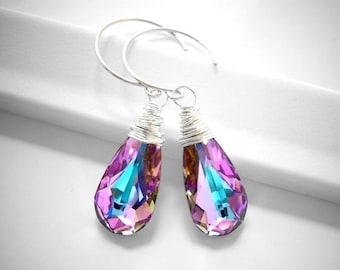 Pink and Teal Bridesmaid Earrings, Lavender Wedding Earrings, Teardrop Swarovski Crystals Earrings, Sterling Silver, Gold Filled, Hoops