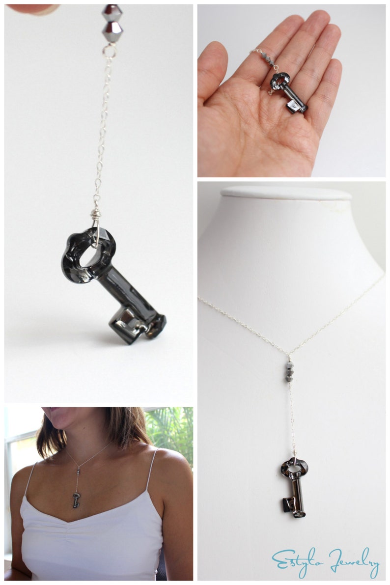 Swarovski Skeleton Key Necklace, Birthday Gift for Girlfriend, Best Friend Gift, Charcoal Pendant Necklace, Crystal Y Necklace Gray Necklace image 2