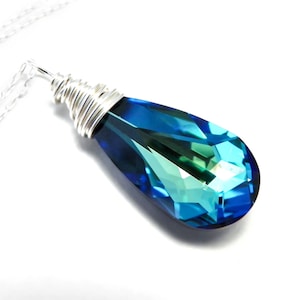 Bermuda Blue Teardrop Necklace, Peacock Necklace, Swarovski Crystal, Sterling Silver, Wire Wrapped, Bridesmaid Gift, Beach Wedding Gold Fill