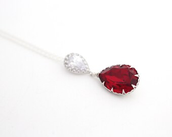 Collier de demoiselle d'honneur rouge Siam, bijoux de mariage en cristal Swarovski rouge profond, pendentif en argent sterling, cadeau Glam Old Hollywood pour le bal