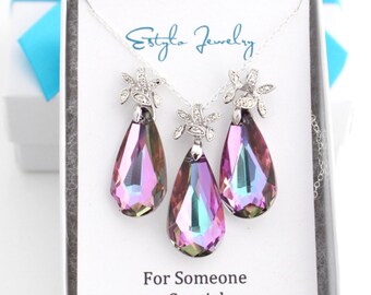 Lavender Bridesmaid Earrings and Necklace Set, Pink and Teal Set, Vitrail Light Swarovski Crystals Bridal Set, Sterling Silver or Gold