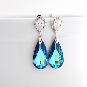 Blue Peacock Wedding Earrings, Teardrop Bridesmaid Earings, Teal Bermuda Blue Swarovski Crystal Jewelry for Bride, Gold or Silver