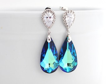 Blue Peacock Wedding Earrings, Teardrop Bridesmaid Earings, Teal Bermuda Blue Swarovski Crystal Jewelry for Bride, Gold or Silver