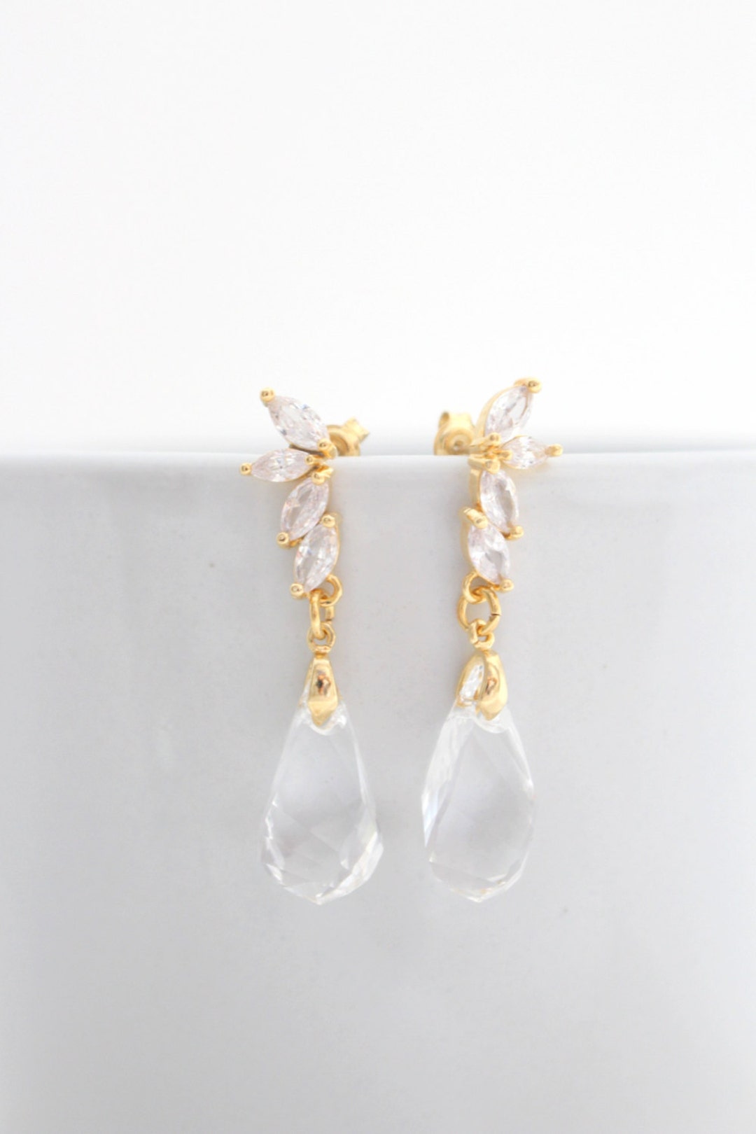 Gold Bridal Earrings Dangle Wedding Earrings Gold Clear Earrings