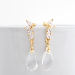 Bridal Dangle Earrings, Clear Swarovski Crystal Teardrop Wedding Earrings in Gold Silver, Small Drop with Flower Post, Bridesmaid Jewelry image 3